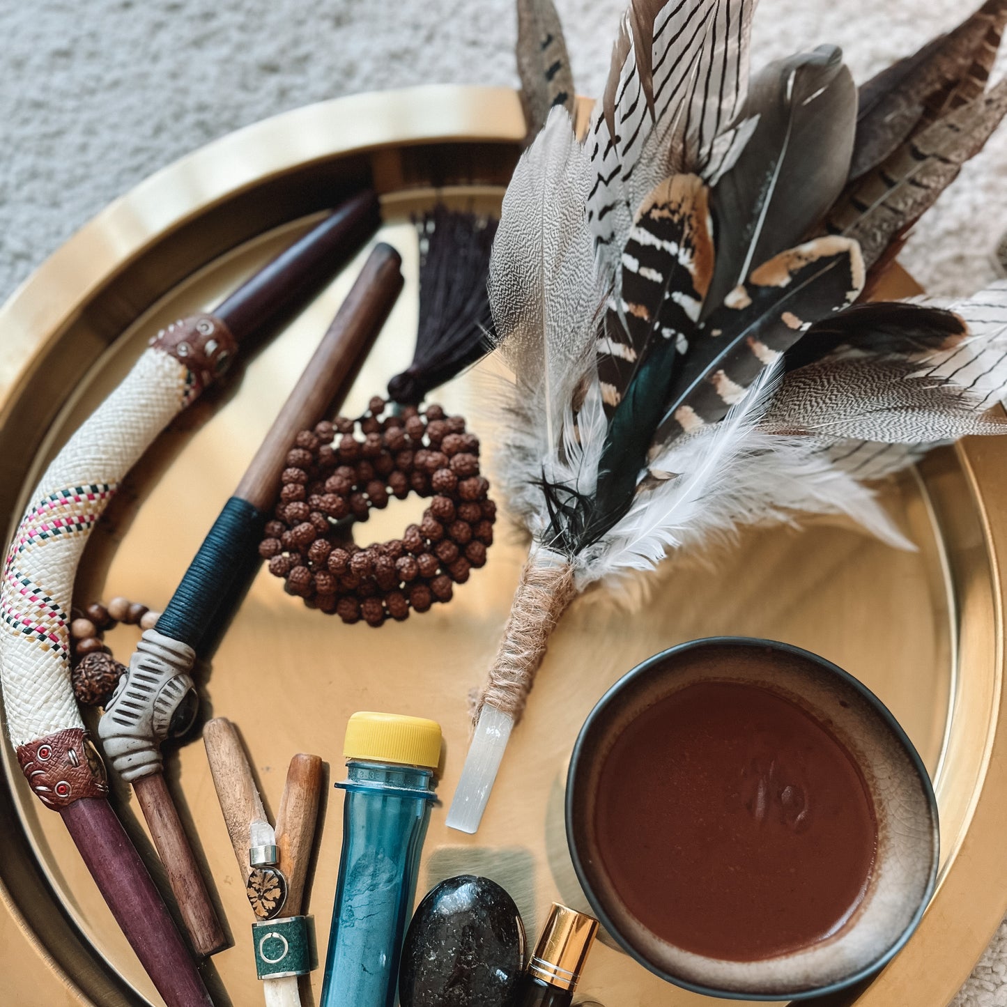Selenite-infused shamanic feather fan, crafted for use in smudging ceremonies, energy healing, and spiritual purification rituals