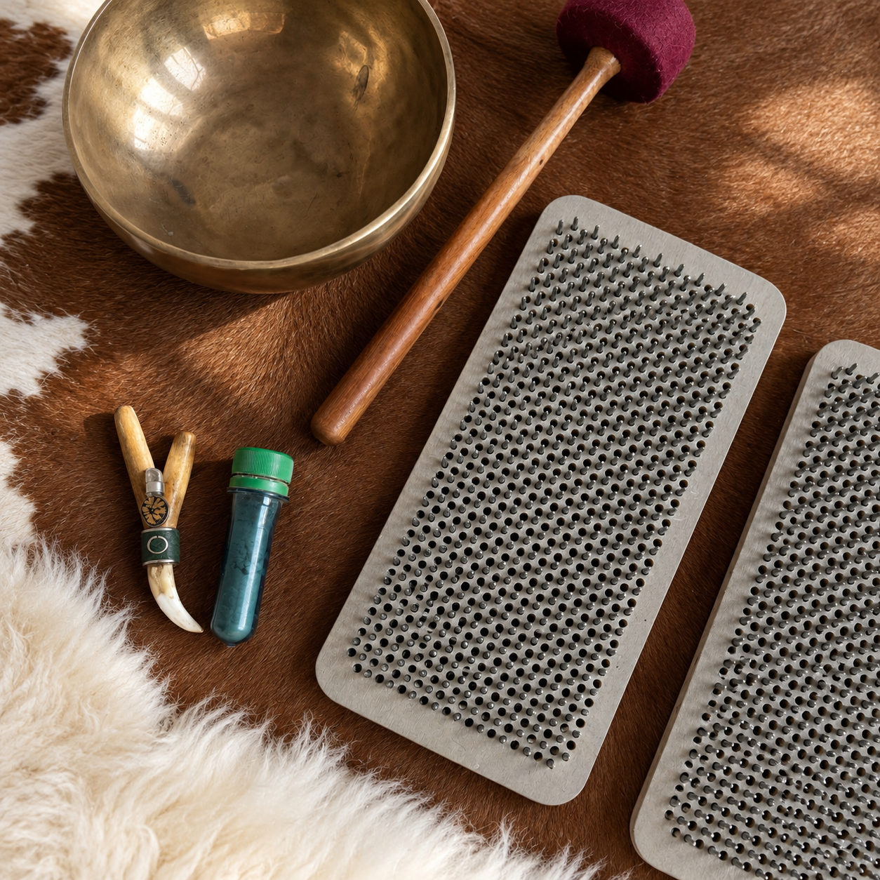 A Tibetan singing bowl set arranged on a brown and white cowhide rug, including a brass singing bowl, wooden mallet with purple foam head, two gray metal nail boards, a small wooden striker, and a small blue glass bottle with a green cap.