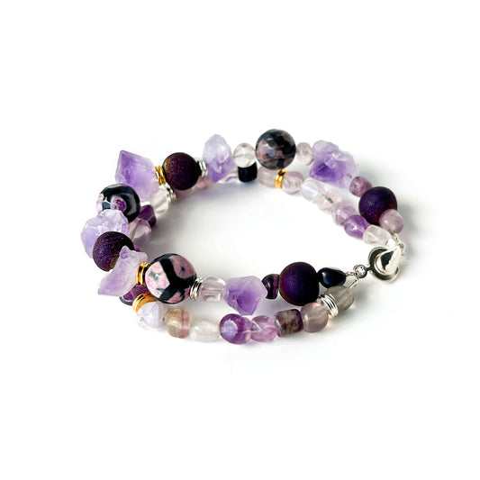 Bracelet of 2 rows Amethyst, Agate Mix & Rose Quartz
